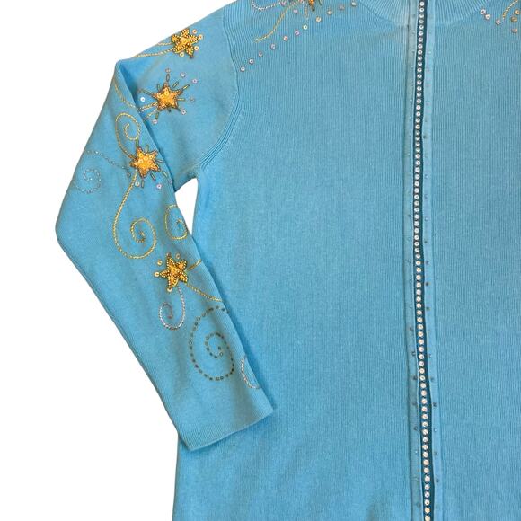 Quacker Factory Vtg 90s Holiday Cardigan With Star Appliquè Turquoise & Gold - Picture 8 of 16